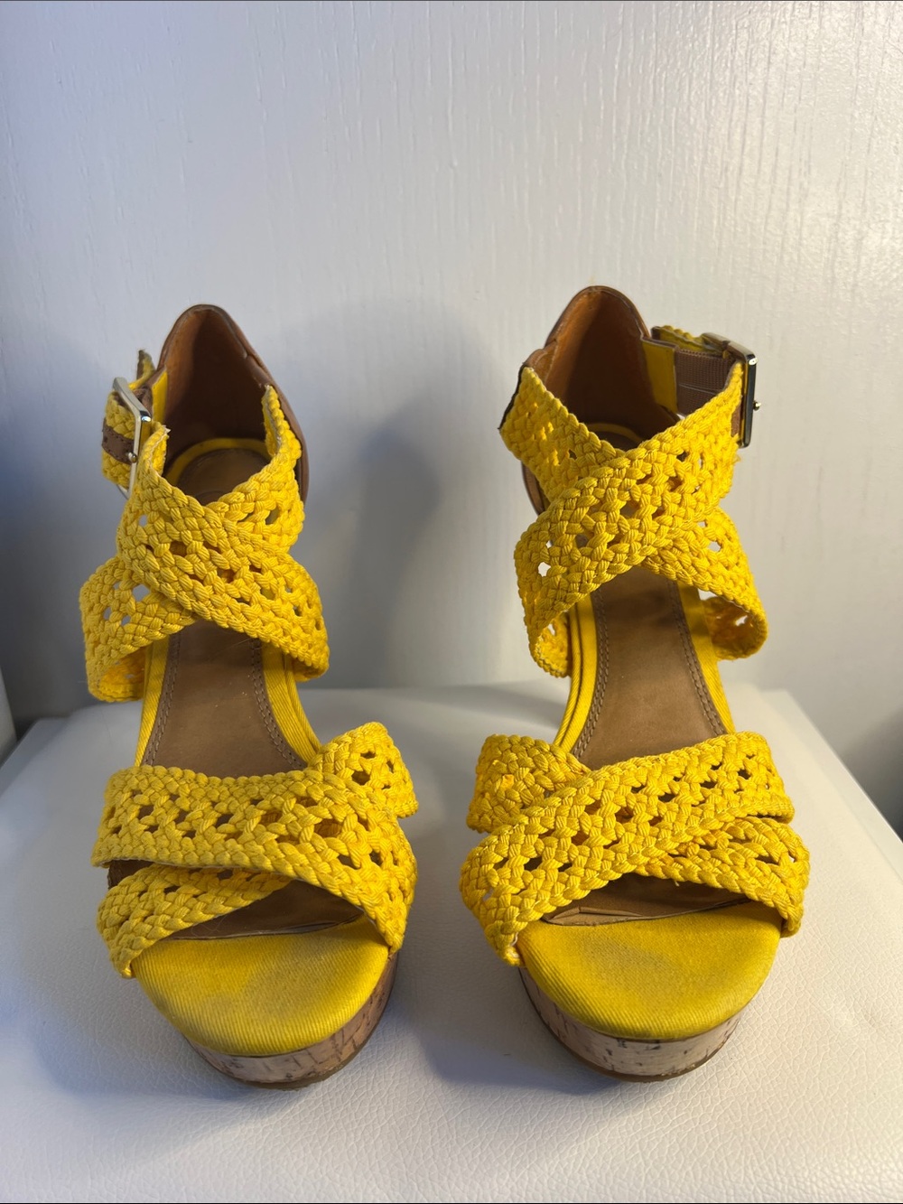 Gianni Bini Bright Yellow Braided Cork Wedge Sandals. Sz 7.5